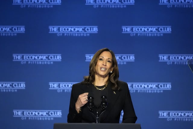 Democratic presidential nominee Vice President Kamala Harris addresses the Economic Club of Pittsburgh on the Carnegie Mellon University campus in Pittsburgh, Wednesday, Sept. 25, 2024. (AP Photo/Gene J. Puskar)