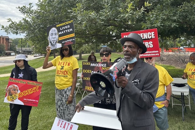Joseph Amrine, who was exonerated two decades ago after spending years on death row, speaks at a rally to support Missouri death row inmate Marcellus Williams on Aug. 21, 2024, in Clayton, Missouri. Williams was executed Sept. 24.