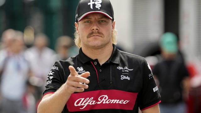 Alfa Romeo driver Valtteri Bottas of Finland gestures at the Monza racetrack, in Monza, Italy , Thursday, Aug. 31, 2023. The Formula one race will be held on Sunday. (AP Photo/Luca Bruno)