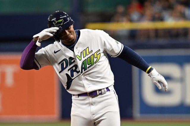 Aug 11, 2023; St. Petersburg, Florida, USA; Tampa Bay Rays shortstop Wander Franco (5) celebrates after hitting a two run single in the third inning  against the Cleveland Guardians at Tropicana Field. Mandatory Credit: Jonathan Dyer-USA TODAY Sports/File Photo