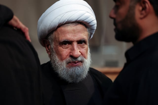 Lebanon's Hezbollah deputy leader Sheikh Naim Qassem accepts condolences for the death of Hezbollah senior commander Fuad Shukr, who was killed on Tuesday in an Israeli strike, in Beirut's southern suburbs, Lebanon August 2, 2024. REUTERS/Mohamed Azakir/File Photo