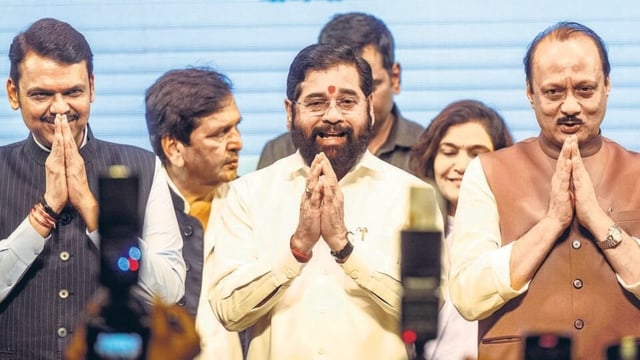 Maharashtra chief minister Eknath Shinde with deputies Devendra Fadnavis and Ajit Pawar