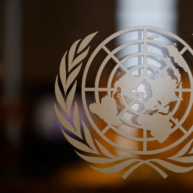 logo of the the United Nations during the general assembly at the UN headquarter on September 25, 2024, in New York city. (Photo by Ludovic MARIN / AFP) (Photo by LUDOVIC MARIN/AFP via Getty Images)
