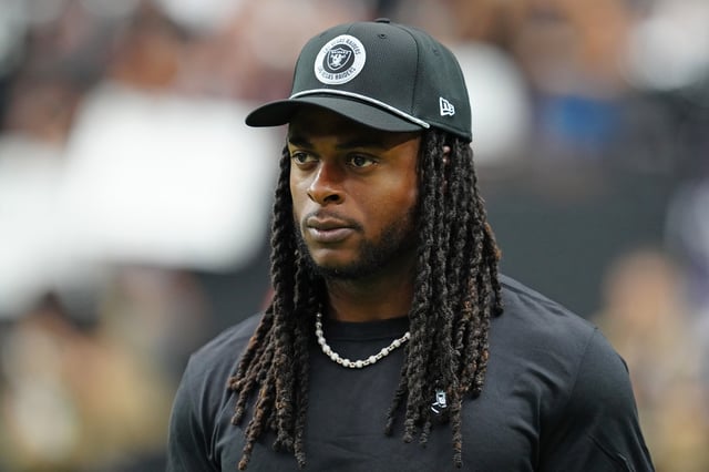 Sep 29, 2024; Paradise, Nevada, USA; Las Vegas Raiders wide receiver Davante Adams (17) walks the sideline before the start of a game between the Raiders and the Cleveland Browns at Allegiant Stadium. Mandatory Credit: Stephen R. Sylvanie-Imagn Images/File Photo