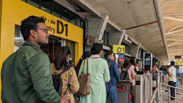 Passengers wait in a queue in front of the DigiYatra counter at Pune airport. (HT File Photo)