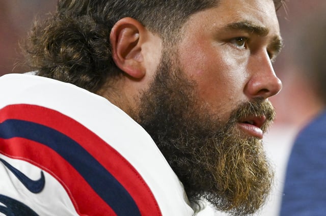 Aug 25, 2024; Landover, Maryland, USA;  New England Patriots center David Andrews (60) looks onto the field during the second  half against the Washington Commanders at Commanders Field. Mandatory Credit: Tommy Gilligan-USA TODAY Sports/File Photo