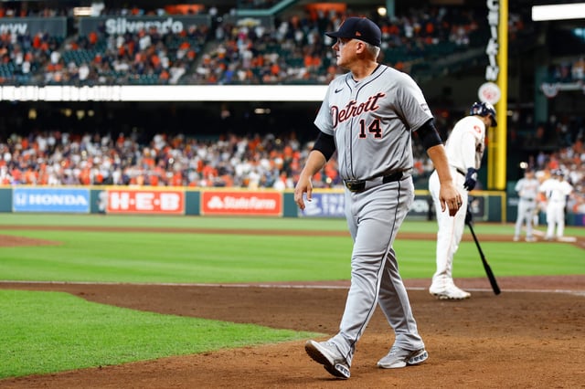 Manager A.J. Hinch of the Detroit Tigers walks to the dugout in the ninth inning against the Houston Astros during Game 1 of the wild-card series between the Detroit Tigers and Houston Astros at Minute Maid Park on Tuesday, Oct. 1, 2024 in Houston.