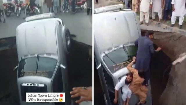 A sinkhole swallowed three vehicles, including a car, in Lahore.