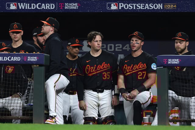 Adley Rutschman and the Orioles look on from the dugout during the ninth inning of Game 2 against the Royals.