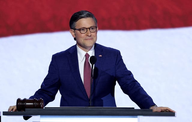 House Speaker Mike Johnson holds the gavel on Day 1 of the Republican National Convention (RNC) at the Fiserv Forum in Milwaukee, Wisconsin, U.S., July 15, 2024. REUTERS/Mike Segar/File Photo