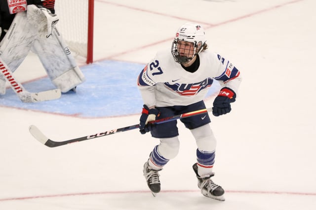 Forward Taylor Heise #27 of USA skates against Japan during the 2023 IIHF Women's World Championship at CAA Centre on April 05, 2023 in Brampton, Ontario.