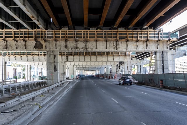 General underneath view of the Gardiner Express Way  under rehabilitation in downtown Toronto on June 14, 2020. 
