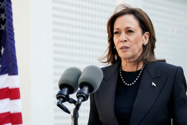 Democratic presidential nominee and U.S. Vice President Kamala Harris speaks at the U.S. Vice President's residence at the U.S. Naval Observatory in Washington, U.S., October 7, 2024. REUTERS/Nathan Howard/File Photo