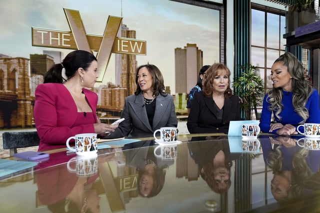 Vice President Kamala Harris chats with the hosts during a commercial break on "The View" on October 8, 2024, in New York.