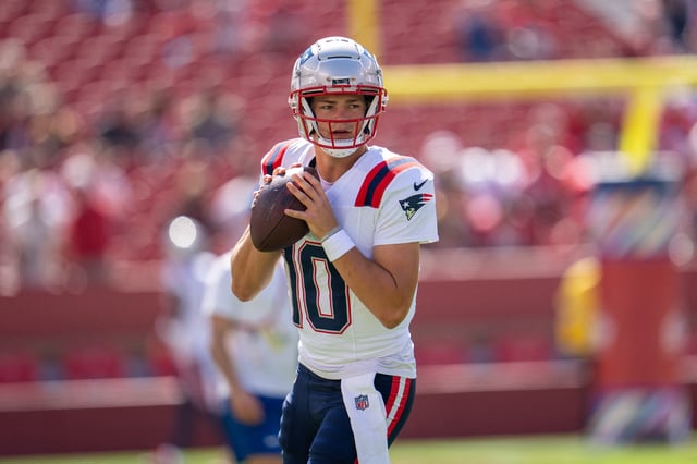 Sep 29, 2024; Santa Clara, California, USA; New England Patriots quarterback Drake Maye (10) during warmups before the game against the San Francisco 49ers at Levi's Stadium. Mandatory Credit: Neville E. Guard-Imagn Images/File Photo