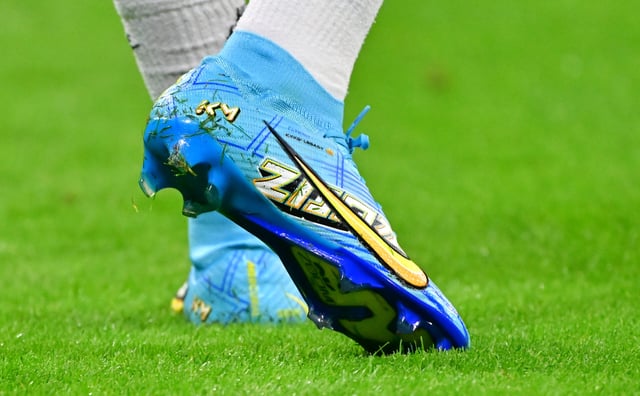 The cleats of Kylian Mbappé of Paris Saint Germain are seen during the French Ligue 1 between Olympique Lyonnais and Paris Saint Germain at Groupama Stadium on September 3, 2023 in Lyon France.