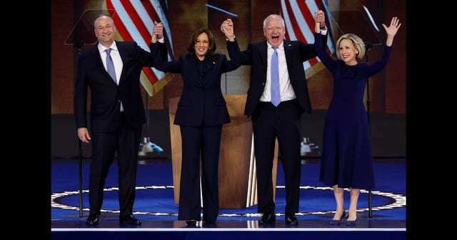 (L-R) Second gentleman Doug Emhoff, Democratic presidential nominee, U.S. Vice President Kamala Harris, Democratic vice presidential nominee Minnesota Gov. Tim Walz and Minnesota first lady Gwen Walz celebrate after Harris accepted the Democratic presidential nomination during the final day of the Democratic National Convention at the United Center on August 22, 2024 in Chicago, Illinois. (Chip Somodevilla / Getty Images)