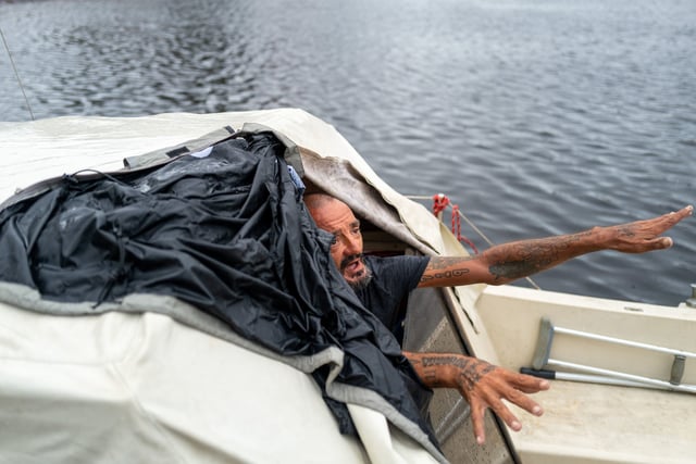 "Lieutenant Dan" on his boat Wednesday.