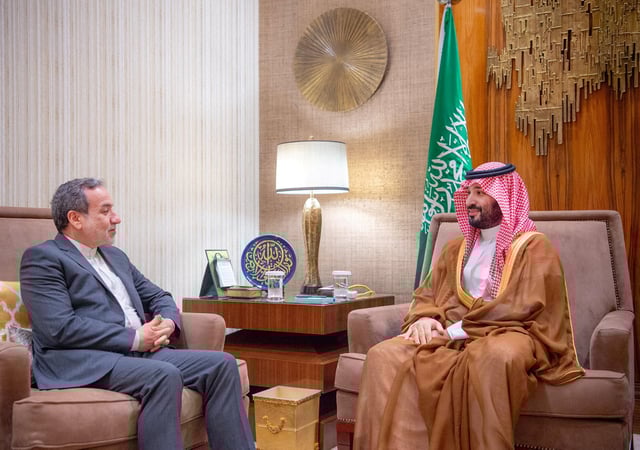 Saudi Crown Prince Mohammed bin Salman receives Iran's Foreign Minister Abbas Araqchi in Riyadh, Saudi Arabia, October 09, 2024. Saudi Press Agency/Handout via REUTERS/File Photo