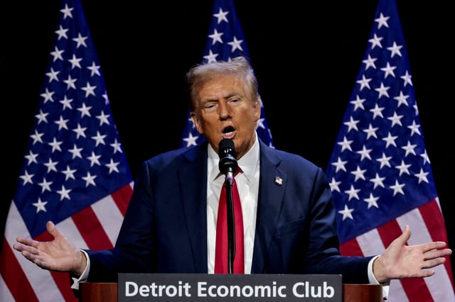 Republican presidential nominee and former U.S. President Donald Trump addresses the Detroit Economic Club in Detroit, Michigan, U.S., October 10, 2024. REUTERS/Rebecca Cook/File Photo