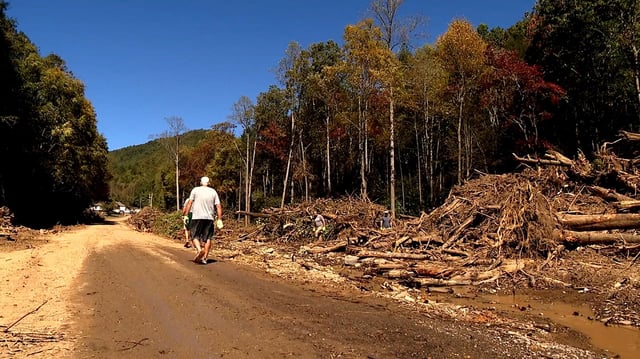 Storm damage from Hurricane Helene is seen near Craigtown in Fairview, North Carolina, on October 9, 2024.