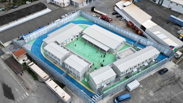 This aerial view of the Italian-run migrant centre at the port of Shengjin, where up 3,000 migrants can be processed each month