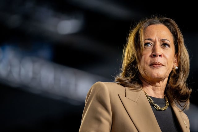 Democratic presidential nominee, Vice President Kamala Harris pauses while speaking during a campaign rally at the Rawhide Event Center on October 10, 2024 in Chandler, Arizona.