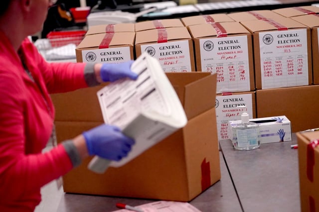 FILE – An election worker boxes tabulated ballots inside the Maricopa County Recorders Office, Wednesday, Nov. 9, 2022, in Phoenix. (AP Photo/Matt York, File)