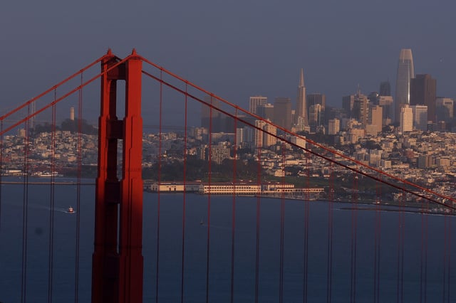 The Golden Gate Bridge stands in front of the San Francisco skyline.