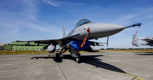 An F-16 combat jet of the US Airforce is prepared for practice flights ahead of the Air Defender Exercise 2023 at the military airport of Jagel, northern Germany, on June 9, 2023.   AXEL HEIMKEN/Pool via REUTERS/ File Photo