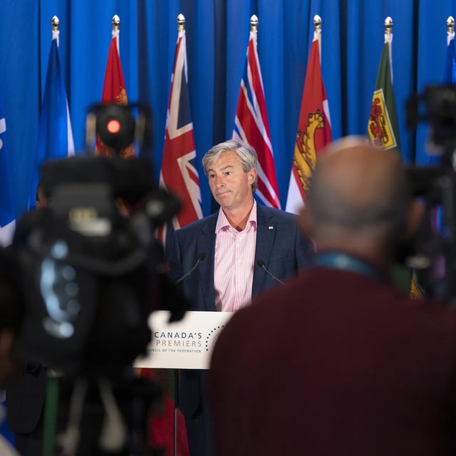 Nova Scotia Premier Tim Houston speaks to reporters during meetings with Canada's other premiers at the Council of the Federation in Halifax on Tuesday, July 16, 2024. THE CANADIAN PRESS/Darren Calabrese