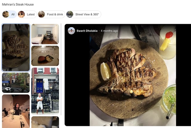 A Google listing for the fake Mehran's Steakhouse in New York City.