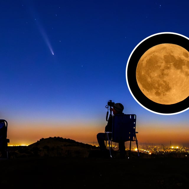 Comet Tsuchinshan-Atlas makes an appearance in the western night (main) and a full moon (inset).