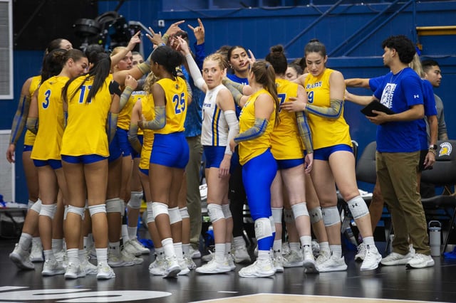 The San Jose Spartans huddle before an NCAA women’s volleyball game against the San Diego Aztecs in San Jose in October.