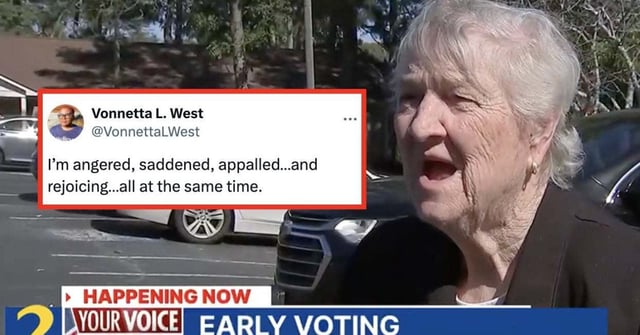 An elderly woman in a dark coat speaks outside during early voting in Newton County, as shown on a news broadcast