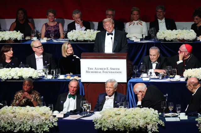 NEW YORK, NEW YORK - OCTOBER 17: Republican presidential nominee, former U.S. President Donald Trump speaks during the annual Alfred E. Smith Foundation Dinner at the New York Hilton Midtown on October 17, 2024 in New York City. Trump was the featured speaker with comedian Jim Gaffigan as the Master of Ceremonies at the the 79th Annual Alfred E. Smith Memorial Foundation Dinner. The dinner, a white-tie charity event that benefits Catholic charities, is known for political figures poking fun at one another. The foundation honors the late Alfred E. Smith, former governor of New York and America's first Catholic presidential nominee. (Photo by Michael M. Santiago/Getty Images)