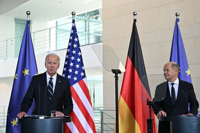 President Joe Biden and German Chancellor Olaf Scholz speak to the press in Berlin.