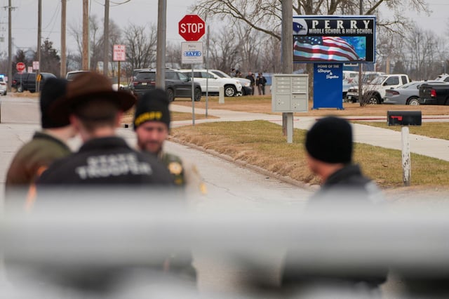 Police respond to a school shooting at the Perry Middle School and High School, in Perry, Iowa, U.S., January 4, 2024.