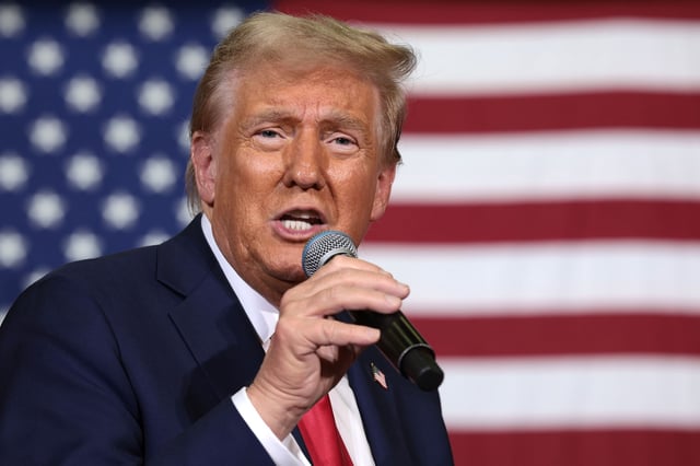 Republican presidential nominee, former U.S. President Donald Trump, speaks during a town hall campaign event at the Lancaster County Convention Center on October 20, 2024 in Lancaster, Pennsylvania. Trump is campaigning the entire day in the state of Pennsylvania. Trump and Democratic presidential nominee Vice President Kamala Harris continue to campaign in battleground swing states ahead of the November 5 election.
