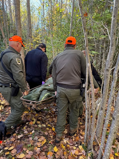 A woman being rescued from a Maine trail around 2:30 p.m. on Thursday, Oct. 17, 2024.