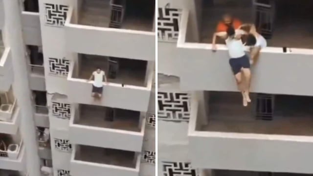 The image shows neighbours saving a man who tried jumping from a Noida high rise. 