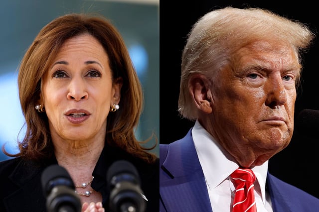 Trump (right) is pulling ahead of Harris according to a number of polls released in the past 24 hours.