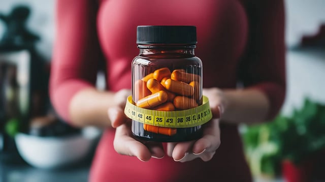 A person holding a bottle of weight loss supplements