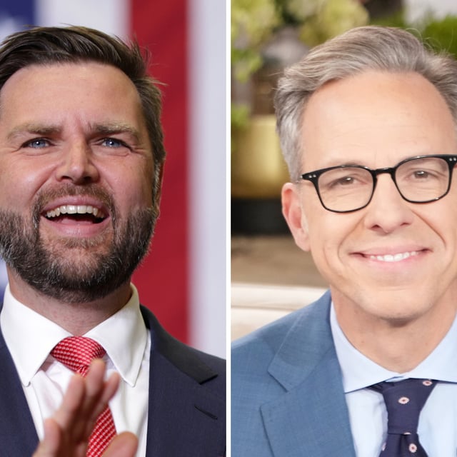 (L): Republican vice presidential nominee, U.S. Sen. J.D. Vance (R-OH) arrives for a campaign rally at Radford University on July 22, 2024 in Radford, Virginia (R): Jake Tapper appears on "The Jennifer Hudson Show" October 16, 2024 in Burbank, California.