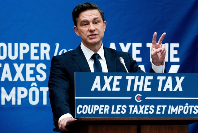 Conservative Leader Pierre Poilievre addresses his caucus on Parliament Hill in Ottawa, on Sunday, Sept. 15, 2024. Parliament is schedule to resume Monday following summer recess. 