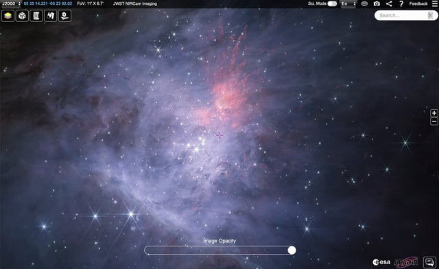 This image shows a short-wavelength NIRCam mosaic of the inner Orion Nebula and Trapezium Cluster.
