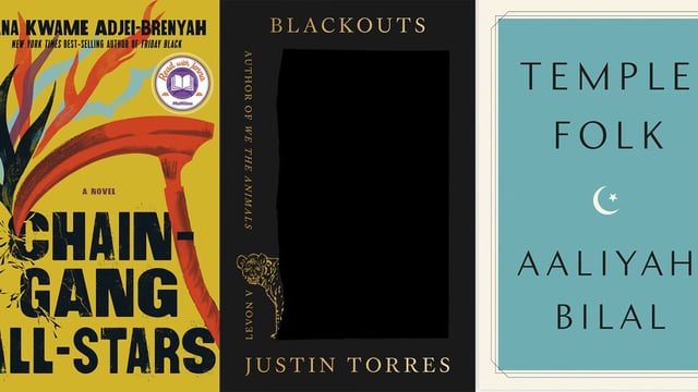 This combination of photos shows cover art for "This Other Eden" by Paul Harding, from left, "Chain-Gang All-Stars" by Nana Kwame Adjei-Brenyah, "Blackouts" by Justin Torres, Temple Folk" by Aaliyah Bilal and "The End of Drum-time" by Hanna Pylvanien, who are among the National Book Award finalists for fiction. (W.W. Norton/Pantheon/FSG/Simon & Schuster/Holt via AP)