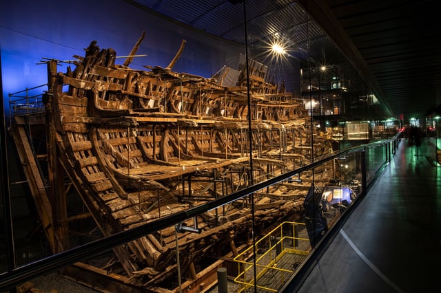 The wreckage of the Mary Rose at The Mary Rose Museum in Portsmouth, England.