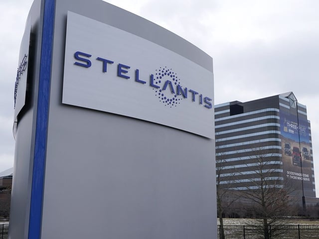 FILE - This Jan. 19, 2021 file photo shows the Stellantis sign outside the Chrysler Technology Center in Auburn Hills, Mich. (AP Photo/Carlos Osorio)