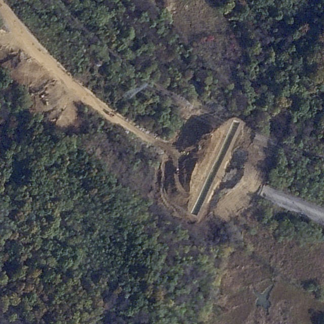 This satellite image from Planet Labs PBC shows digging along a road in the Demilitarized zone between North and South Korea on Wednesday, Oct. 30, 2024.